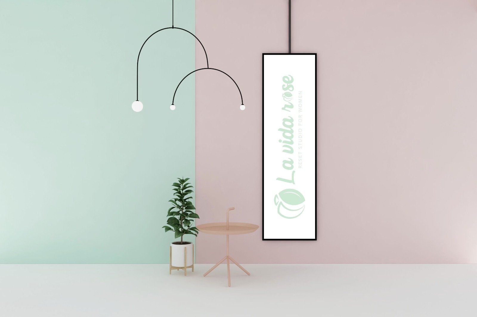 Pastel mint and blush corner with vertical signage